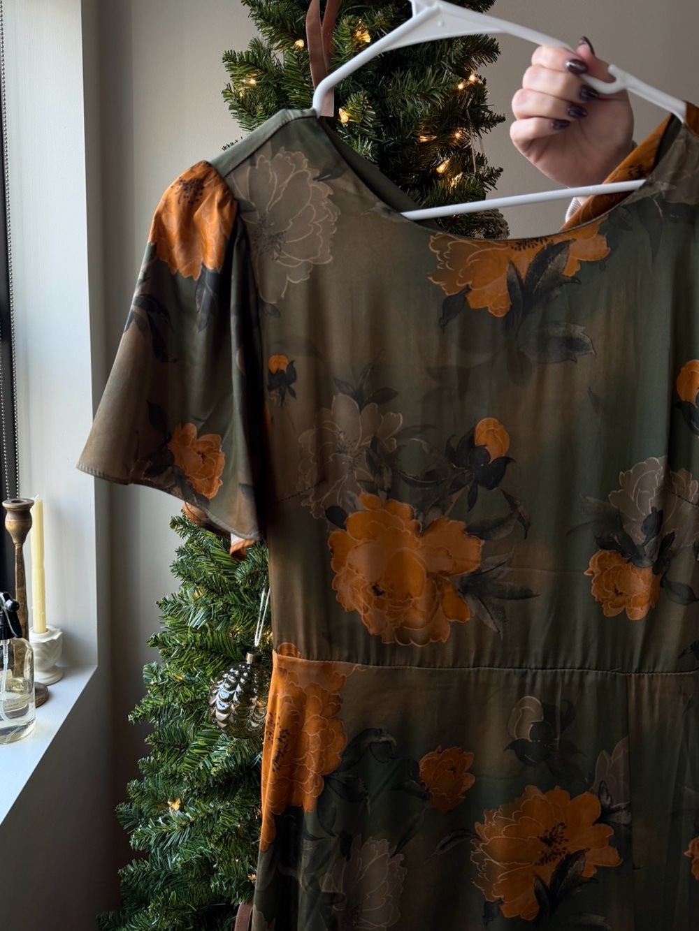 Baltic Born Olive Green Floral Midi Dress with Burnt Orange Blooms